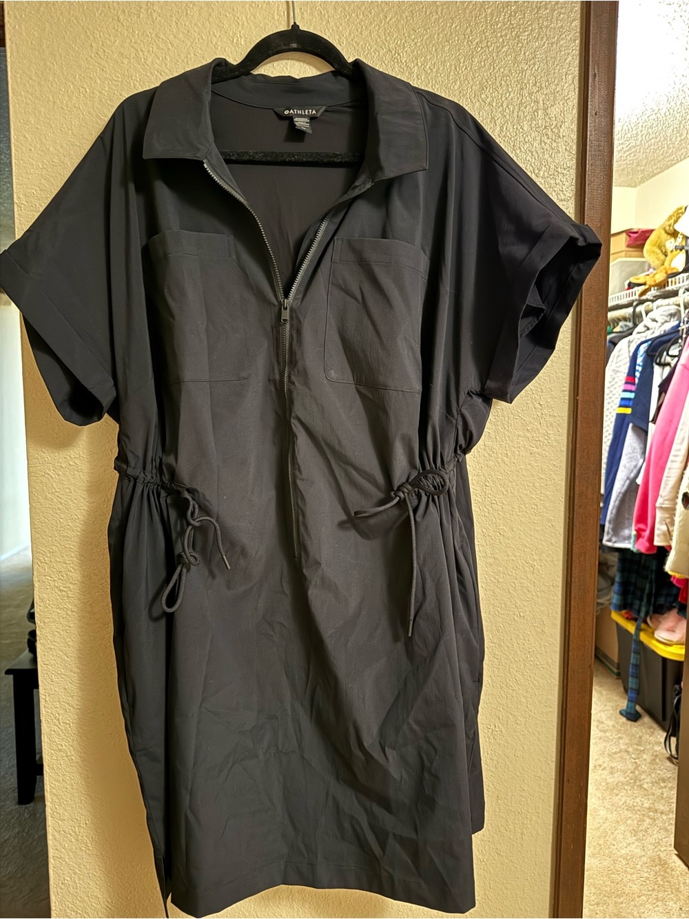 Athleta Black Zip-Front Drawstring Midi Dress